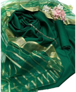 3 Piece Unstitched Cotton Silk Plain Shirt and Trouser With Organza Lining Dupatta green