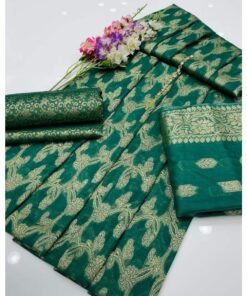 Cotton Jacquard 3 Pieces Paper Cotton Dress For Women Banarsi Jacquard Beautiful Design green