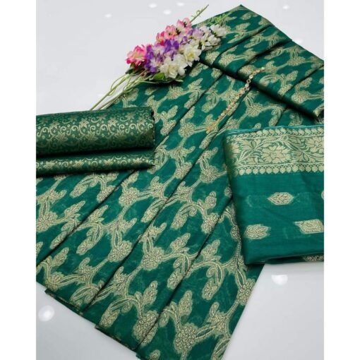 Cotton Jacquard 3 Pieces Paper Cotton Dress For Women Banarsi Jacquard Beautiful Design green