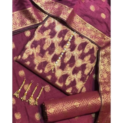 Cotton Jacquard 3 Pieces Paper Cotton Dress For Women Banarsi Jacquard Beautiful Design maroon