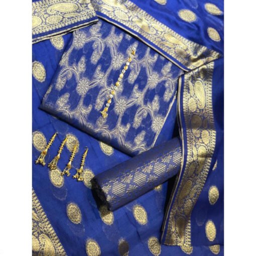 Cotton Jacquard 3 Pieces Paper Cotton Dress For Women Banarsi Jacquard Beautiful Design royal blue