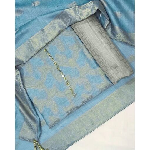 Cotton Jacquard 3 Pieces Paper Cotton Dress For Women Banarsi Jacquard Sky Blue